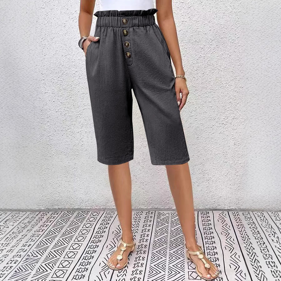 Women’s Knee-Length Shorts – Lightweight Linen – High Waist Paperbag – Relaxed Fit