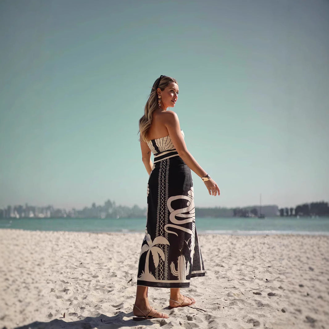 Women’s Strapless Top and Midi Skirt Set – Slim Fit – Shell Print – High Waist Slit