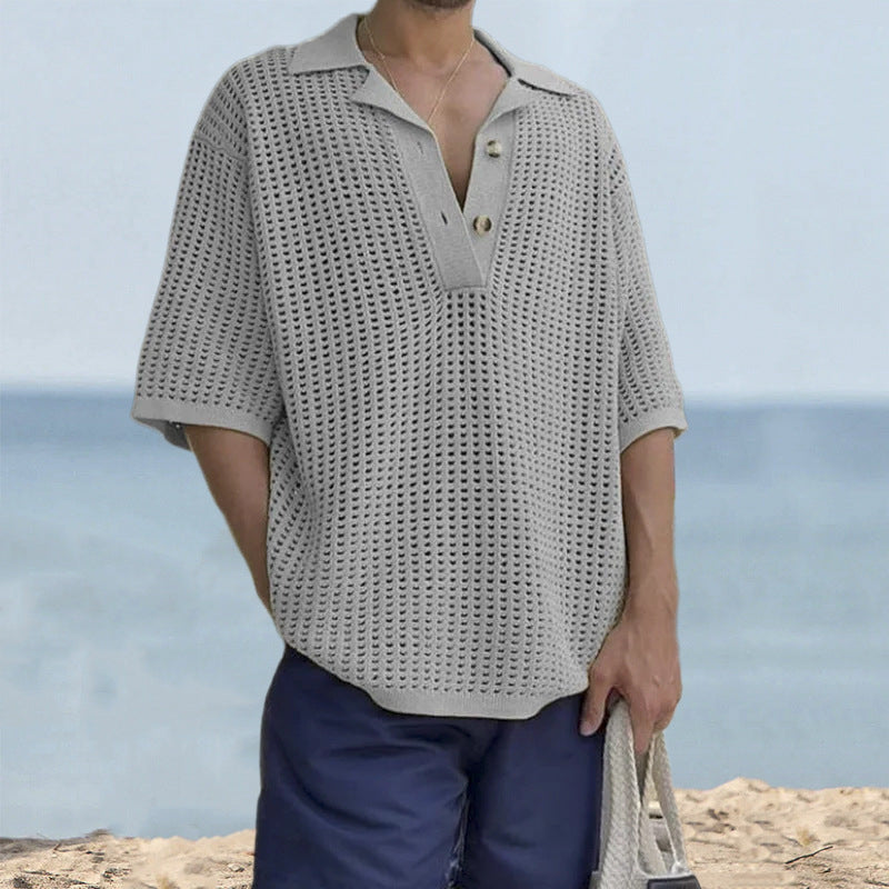 Men’s Knit Sweater – Open Knit – Oversized Fit – Notched Lapel – Short Sleeve