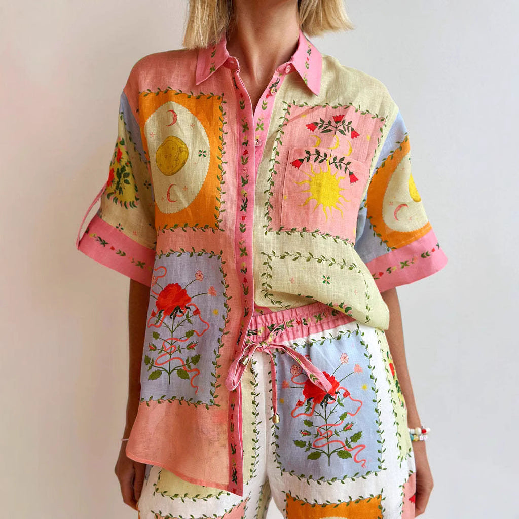 Women’s Linen Cardigan – Relaxed Fit – Short Sleeve – Button-Up Artistic Design