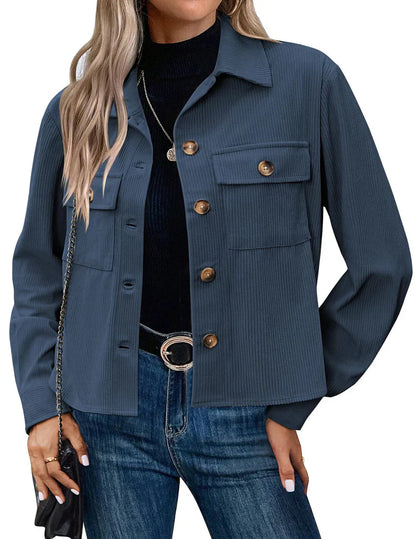 Women’s Utility Jacket – Relaxed Fit – Ribbed Fabric – Button Front – Chest Pockets
