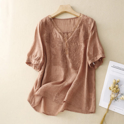 Women’s Short Sleeve Shirt – Loose Fit – V-Neck Embroidered – Breathable Blend