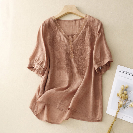 Women’s Short Sleeve Shirt – Loose Fit – V-Neck Embroidered – Breathable Blend