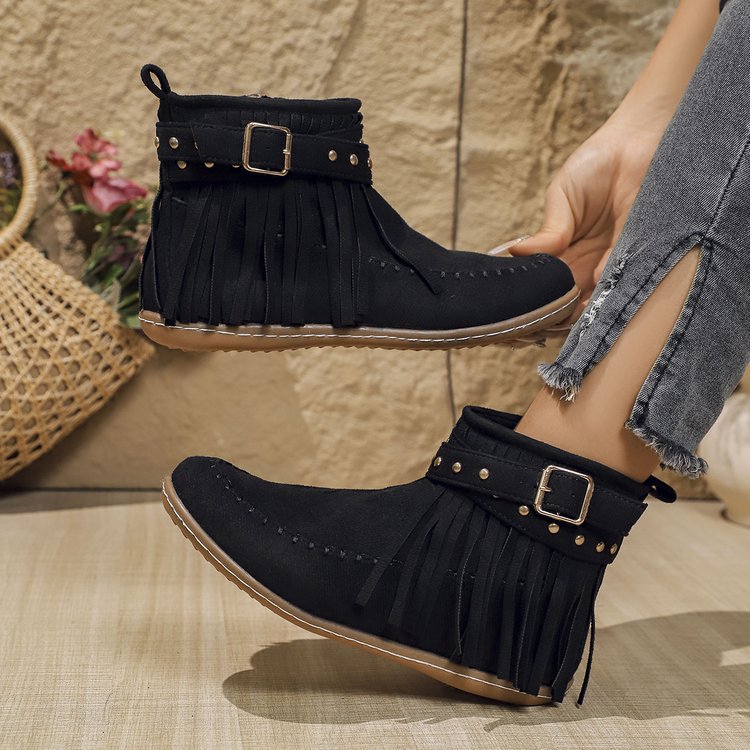 Women’s Ankle Boots – Suede Look – Fringe Detail – Metal Studs – Flat Sole Zip