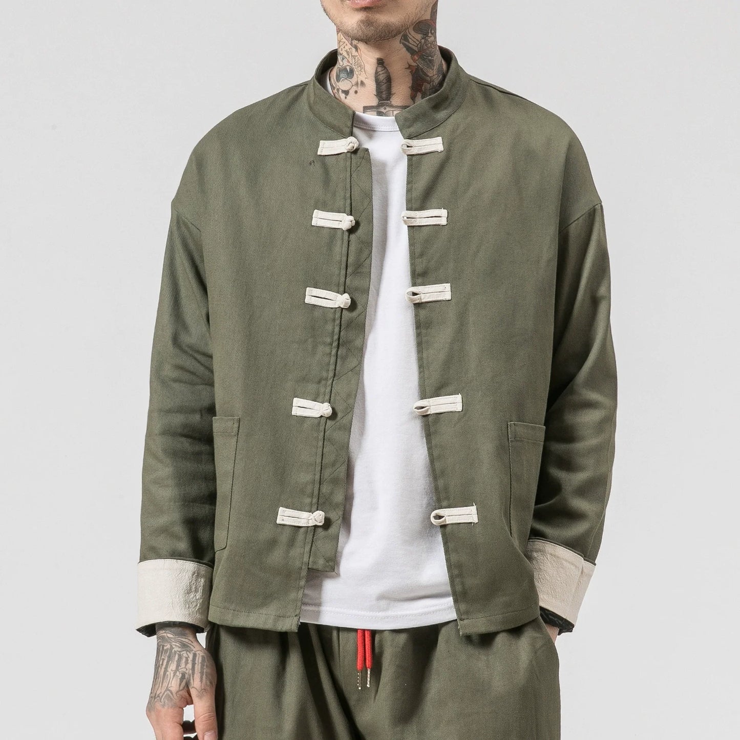 Men’s Casual Jacket – Cotton – Relaxed Fit – Chinese Frog Buttons – Stand Collar