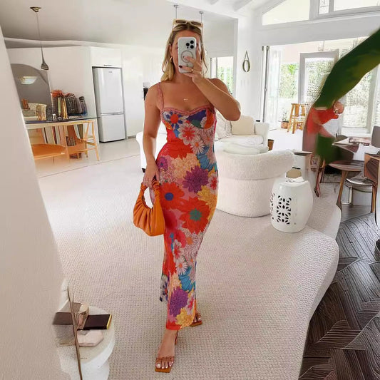 Women’s Sleeveless Dress – Slim Fit – One Shoulder – Floral Print – Full Length