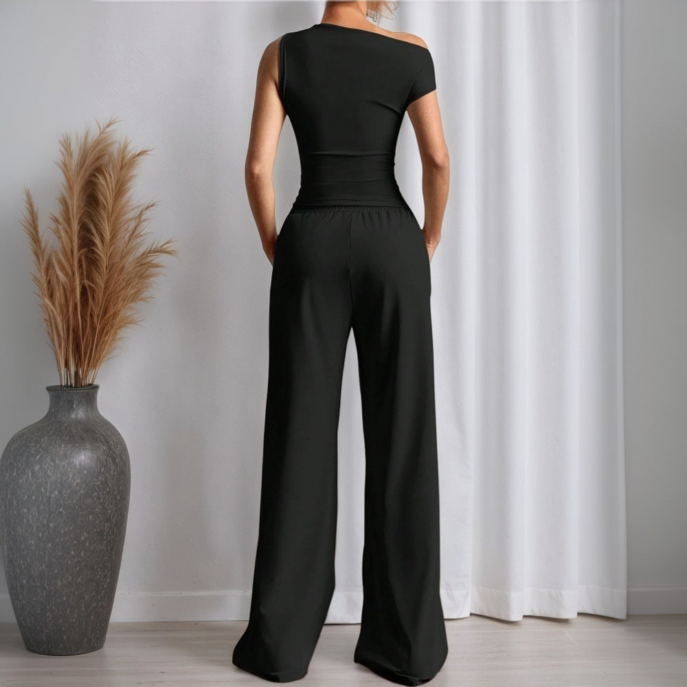 Women’s Two-Piece Set – One Shoulder Slim Top – High-Waist – Wide-Leg Pants