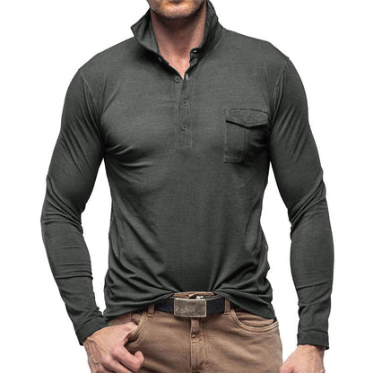 Men’s Henley Polo Shirt – Cotton – Regular Fit – Stand Collar – Chest Pocket