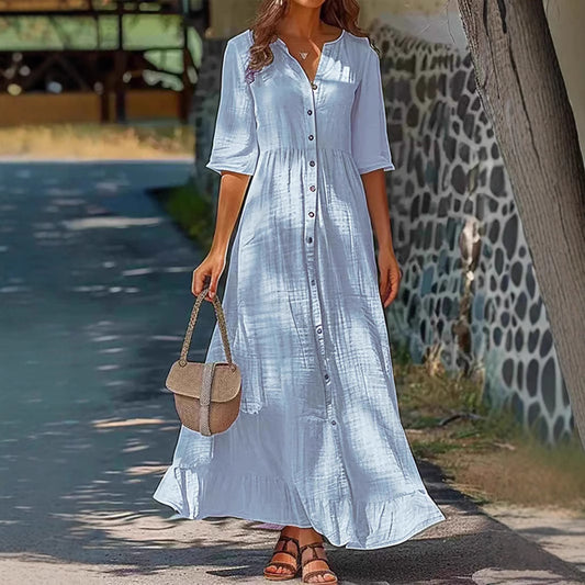Women’s Maxi Dress – Relaxed Fit – Natural Fibers – Button Down – Floral Print – Half Sleeve