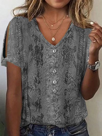Women’s Blouse – Relaxed Fit – V-Neck Button Front – Embroidered Boho Style – Breathable Fabric