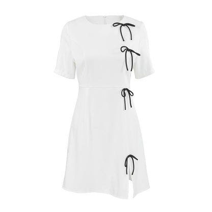 Women’s A-Line Dress – Mini Length – Short Sleeve – Bow Detail – Elegant Fit