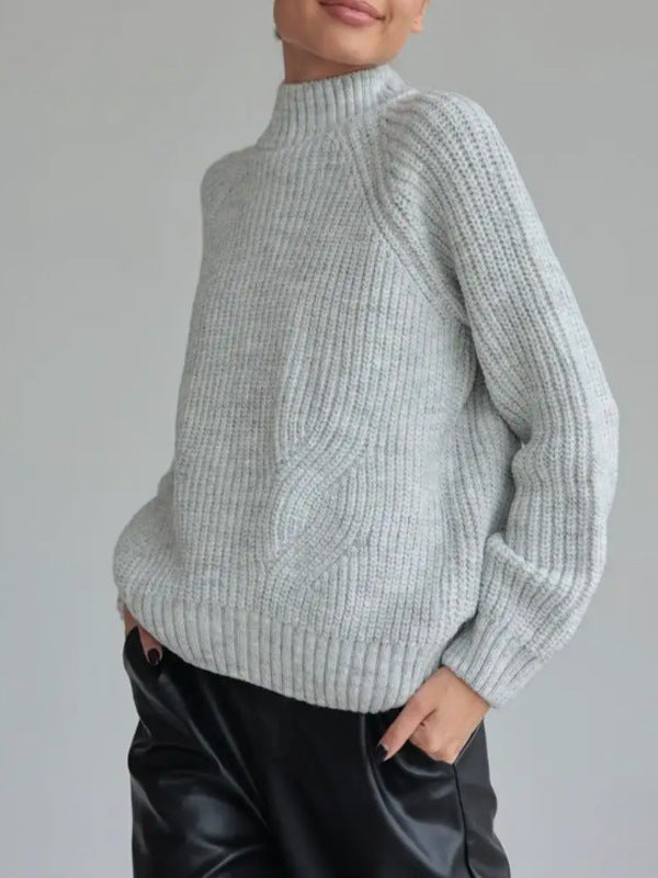 Women’s Sweater – Loose Fit – Mock Neck – Raglan Sleeve – Ribbed Texture