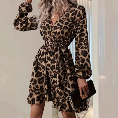 Women’s Wrap Midi Dress – V-Neck – Tie Waist – Balloon Sleeve – Leopard Print