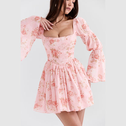 Women’s Mini Dress – Floral Print – A-Line Fit – Puffed Sleeves – Square Neckline