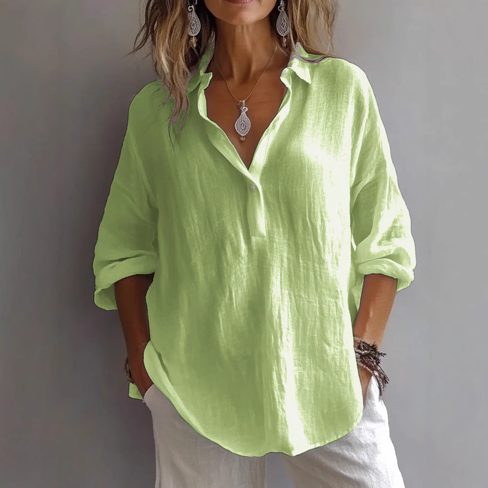 Women’s V-neck Shirt – Loose Fit – Long Sleeve – Natural Fibers – Casual Style