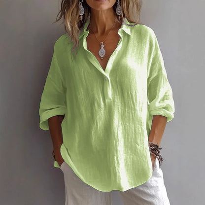 Women’s V-neck Shirt – Loose Fit – Long Sleeve – Natural Fibers – Casual Style