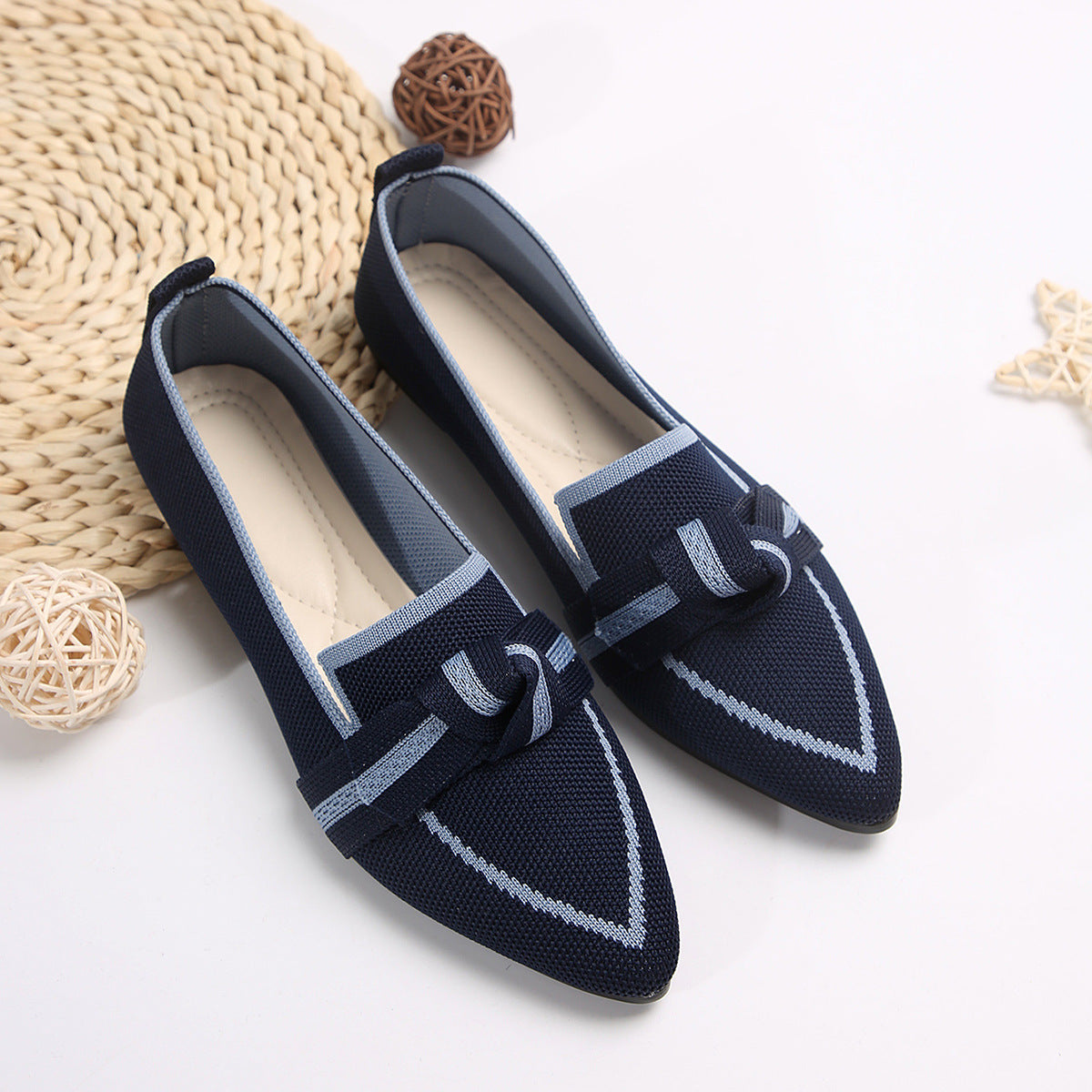 Women’s Flat Shoes – Knit Slip-On – Pointed Toe – Knot Strap