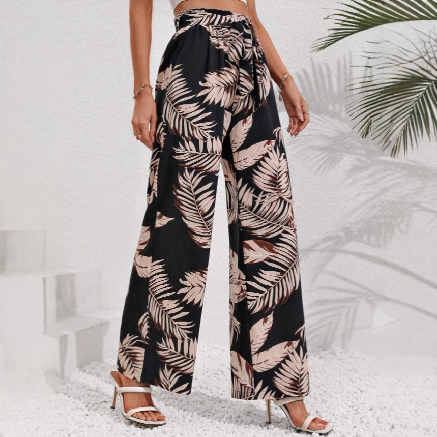Women’s Wide-Leg Pants – Bohemian Print – High Waist – Tie Belt – Lightweight Cotton