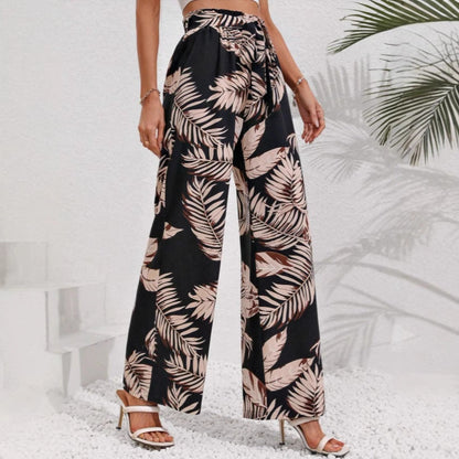 Women’s Wide-Leg Pants – Bohemian Print – High Waist – Tie Belt – Lightweight Cotton