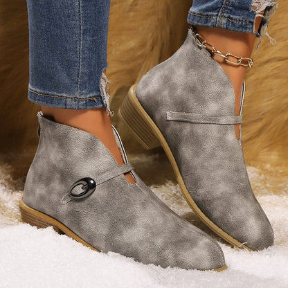 Women’s Ankle Boots – Pointed Toe – Buckle Strap – Low Block Heel – Sleek Fit