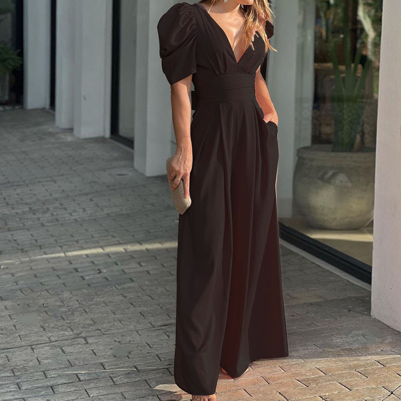 Women’s Jumpsuit – V-Neck – Puff Sleeve – Wide Leg – Cinched Waist – Full Length – Pockets
