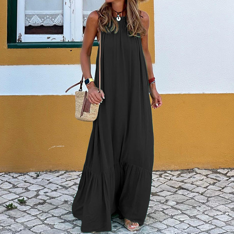 Women’s Beach Dress – Sleeveless Halter – Flowing Fit – Natural Fibers – Ruffled Hem