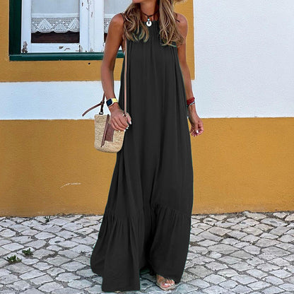 Women’s Beach Dress – Sleeveless Halter – Flowing Fit – Natural Fibers – Ruffled Hem