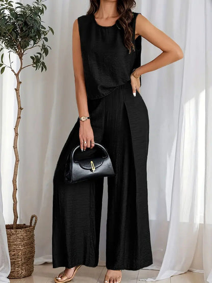 Women’s Wide-Leg Pants – High Waist – Pleated Front – Elastic Waist – Full Length