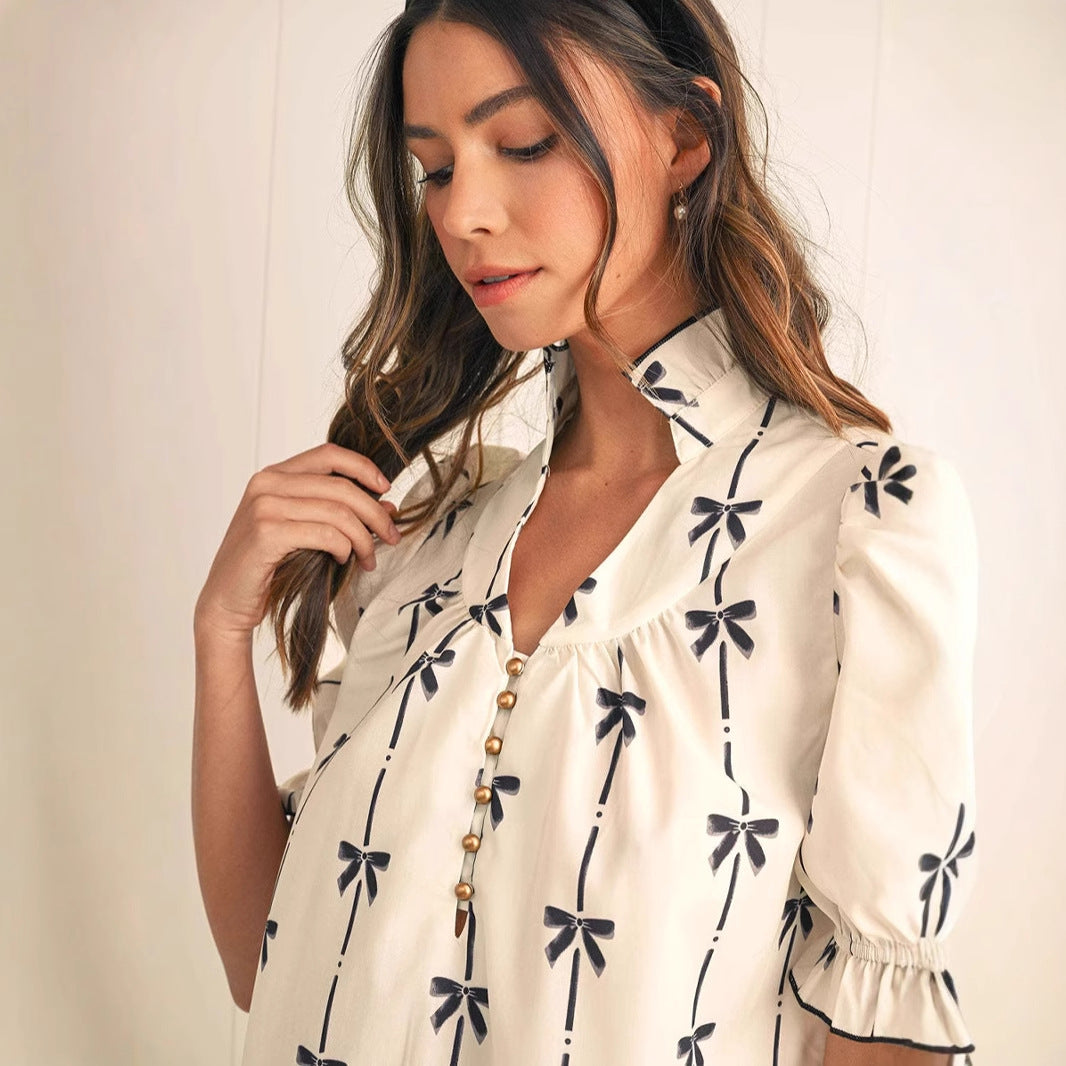 Women’s A-Line Dress – Lightweight Cotton – Puff Sleeve – Bow Detail – Above Knee