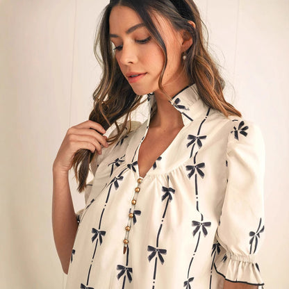 Women’s A-Line Dress – Lightweight Cotton – Puff Sleeve – Bow Detail – Above Knee