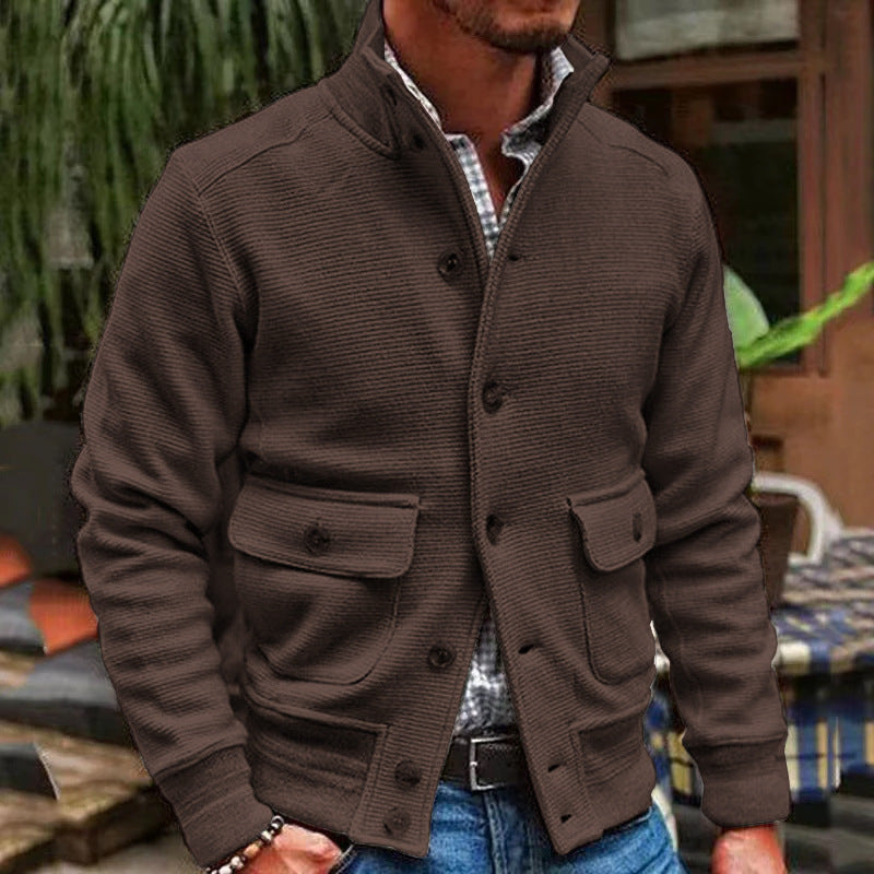 Men’s Jacket – Slim Fit – High Collar – Soft Textured Fabric – Button Front – Flap Pockets