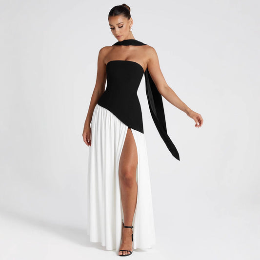 Women’s Evening Dress – Strapless Asymmetrical Bodice – Flowy Skirt – Side Slit