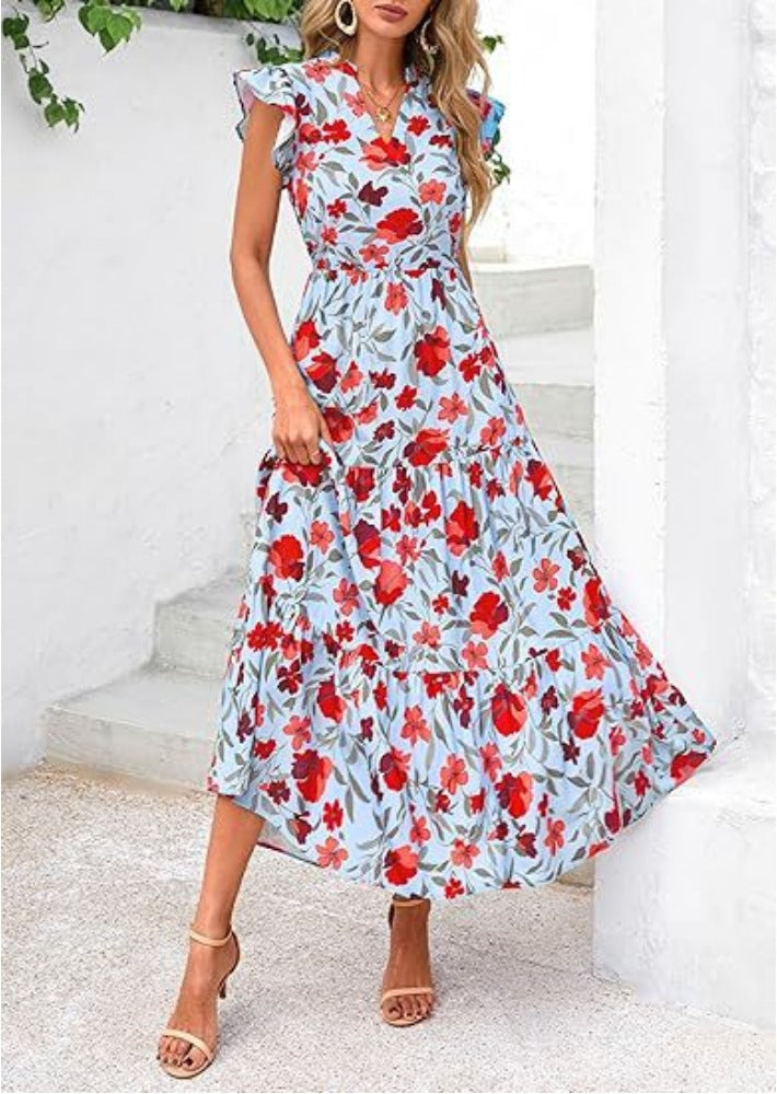 Women’s Mid-Length Dress – V-Neck – Flutter Sleeves – Relaxed Fit – Breathable Blend – Printed