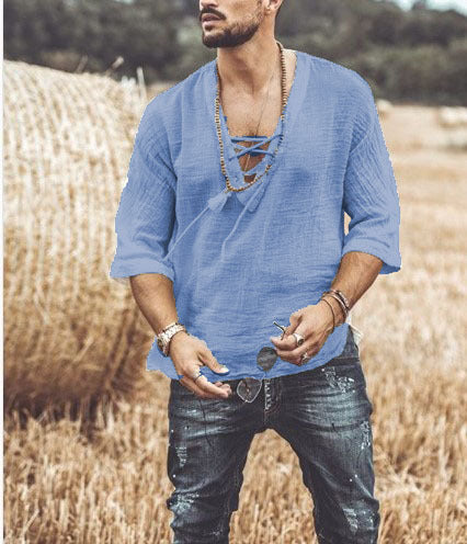 Men’s Casual Shirt – Lace-Up V-Neck – 3/4 Sleeve – Relaxed Fit – Lightweight Breathable
