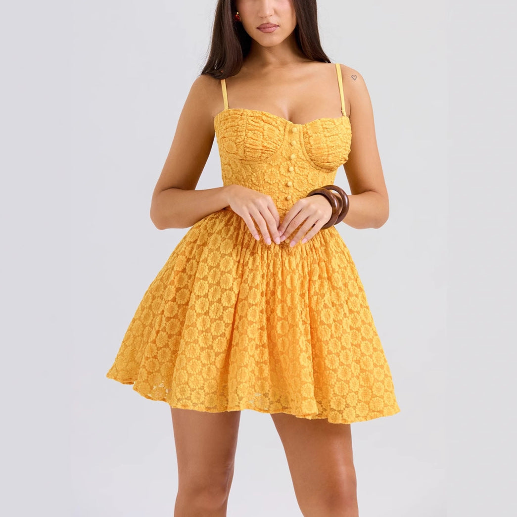 Women’s Mini Dress – Lace Jacquard – A-Line Silhouette – Sleeveless – Spaghetti Straps