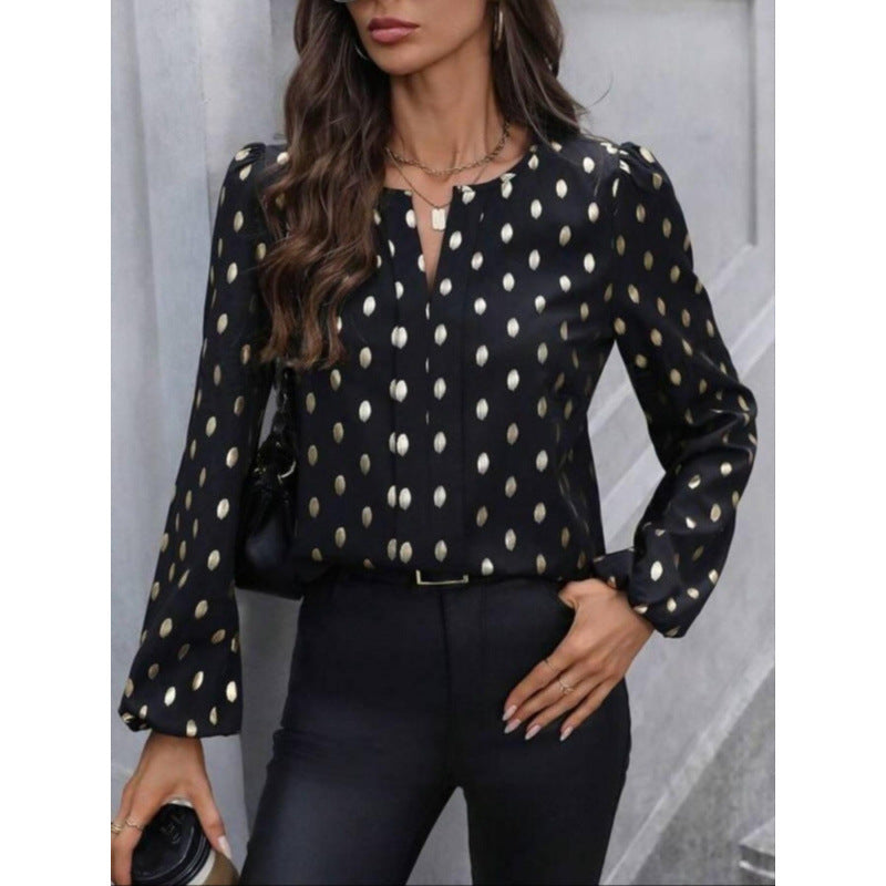 Women’s Long Sleeve Top – Relaxed Fit – Dot Print – Silk Feel – Keyhole Neckline