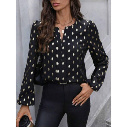 Women’s Long Sleeve Top – Relaxed Fit – Dot Print – Silk Feel – Keyhole Neckline