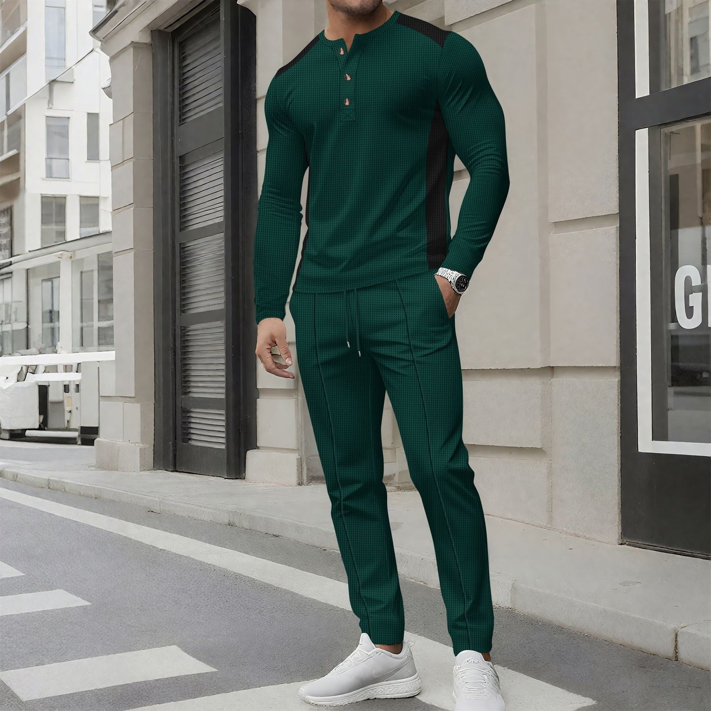 Men’s Tracksuit Set – Slim Fit – Long Sleeve Henley – Tapered Jogger Pants – Cotton Blend