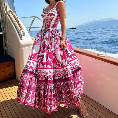 Women’s Maxi Dress – Flowing Fit – Tiered Skirt – Breathable Blend – Printed Pattern