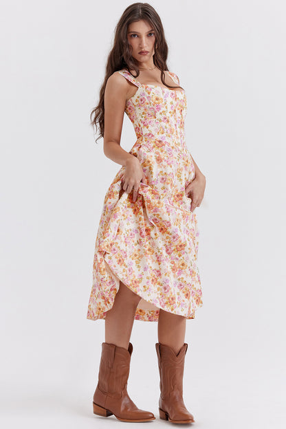 Women's Dress - Floral Print - Corset Bodice - Side Slit - Sleeveless