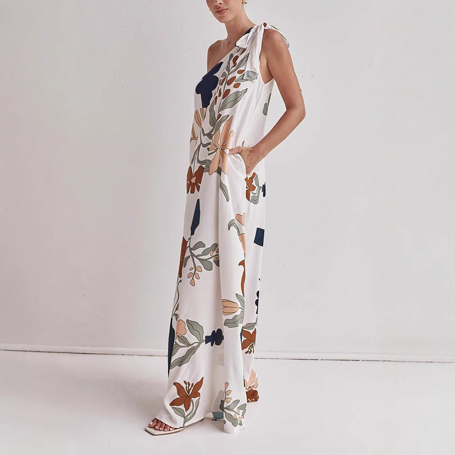 Women’s One-Shoulder Dress – Full Length – Flowing Cotton – Loose Fit Bold Print
