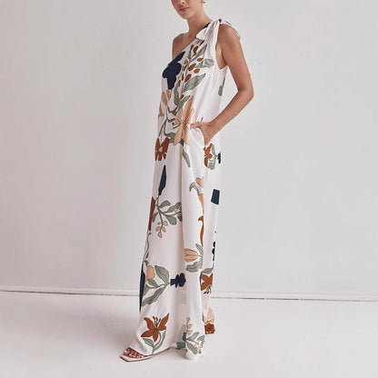 Women’s One-Shoulder Dress – Full Length – Flowing Cotton – Loose Fit Bold Print