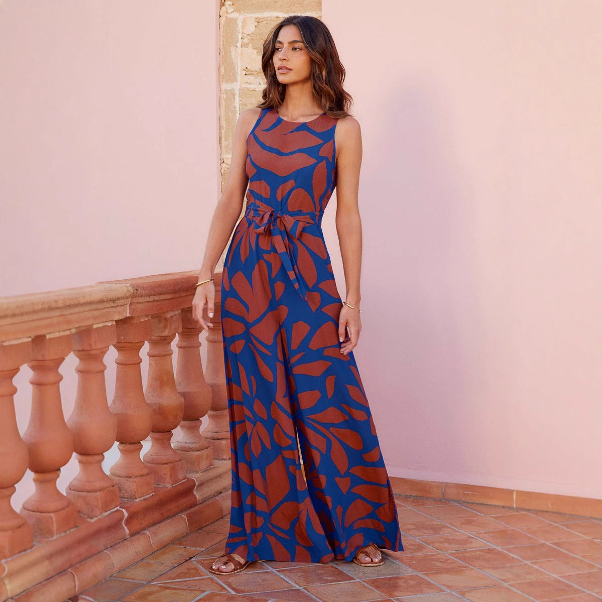 Women’s Jumpsuit – Sleeveless – Wide Leg – Waist Tie – Abstract Print – Full Length