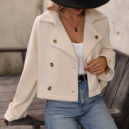 Women’s Cropped Jacket – Plush Texture – Oversized Fit – Double-Breasted Style