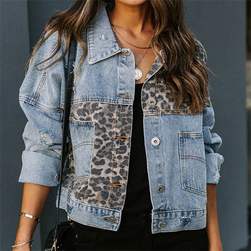 Women’s Denim Jacket – Relaxed Fit – Leopard Print – Distressed Sleeves – Button Front