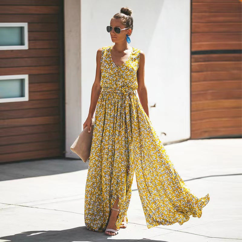 Women’s Maxi Dress – Flowy Fit – Cotton Blend – Deep V-Neck – Sleeveless Boho Style