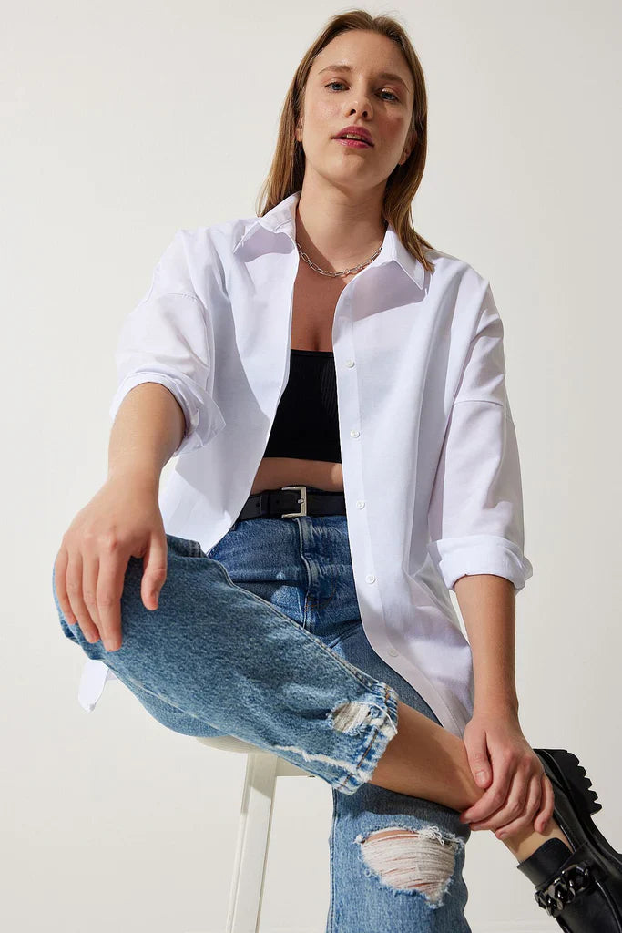 Women’s Blouse – Cotton Blend – Oversized Fit – Long Sleeve – Button Front Casual