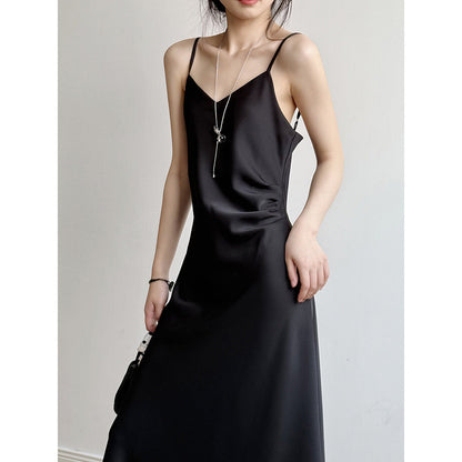 Women’s Camisole Dress – Satin Fabric – A-Line Fit – Draped Neck – Midi Length