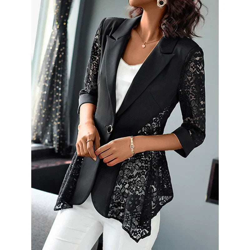 Women’s Blazer – Tailored Fit – Flared Hem – Lace Panels – Notched Lapel – Single Button