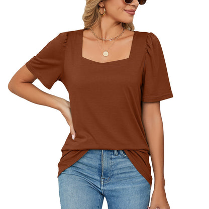 Women’s T-Shirt – Square Neck – Puff Sleeves – Soft Knit – Relaxed Fit Casual Wear